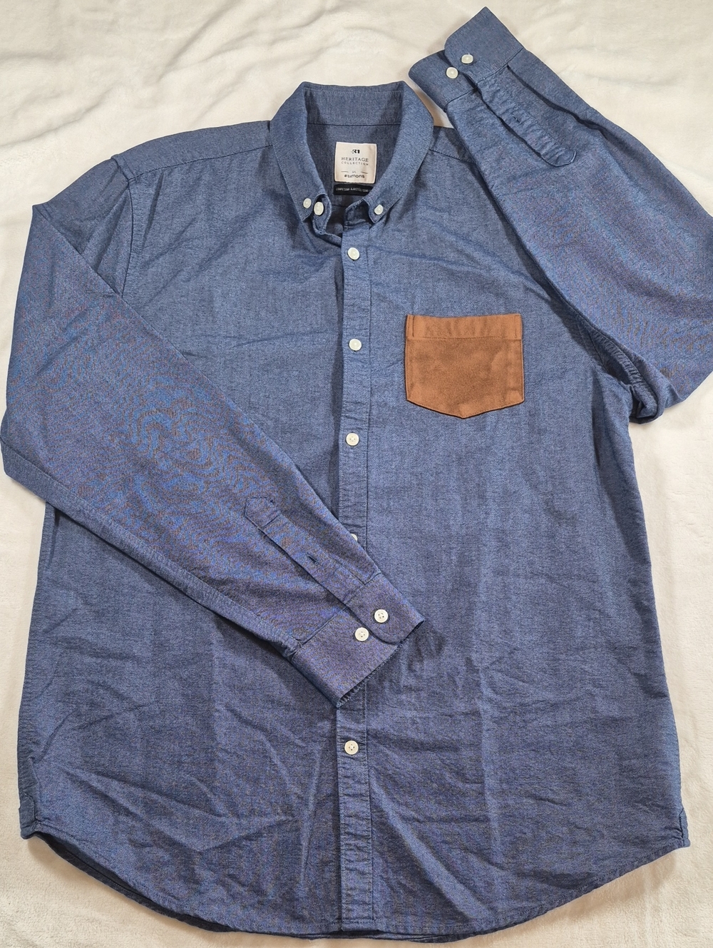Simons Blue Button-Down Shirt with Brown Chest Pocket